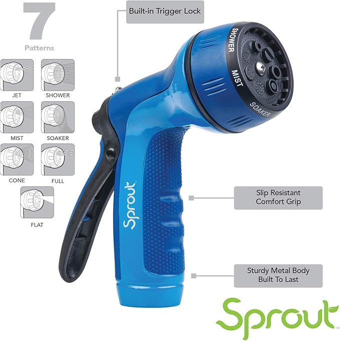Sprout 65123-AMZ Metal Rear Trigger 7-Pattern Nozzle with QuickConnect Product Adapter Amazon Bundle, Blueberry Blue