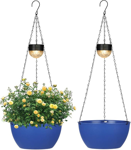 SUNNYPARK 2 Packs Hanging Planters Basket for Outdoor Plants, Solar Powered Self Watering Blue Round Plastic Flower Pots with Drainer for Balcony Patio Garden Outdoor Decoration