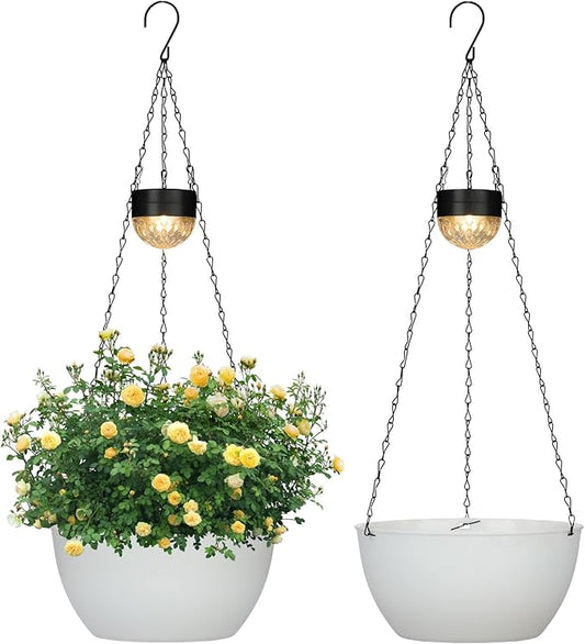 SUNNYPARK 2 Packs Hanging Planters Basket for Outdoor Plants, Solar Powered Self Watering White Round Plastic Flower Pots with Drainer for Balcony Patio Garden Outdoor Decoration