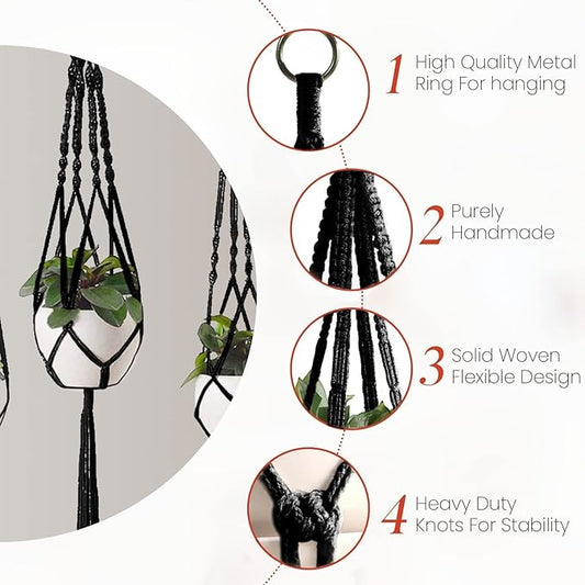 Feedee Macrame Plant Hangers - 6 Pack, Black, Indoor/Outdoor, Cotton