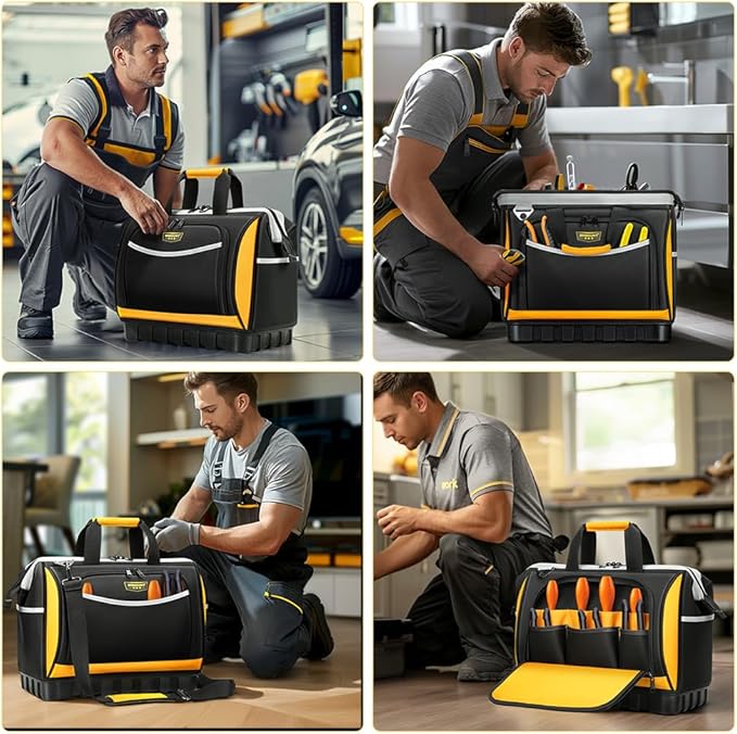 Tool Bag, Hard Bottom Professional Tool Tote, Multi-Pocket Storage with Shoulder Strap, Black and Yellow (Yellow & Black, 16 inch)