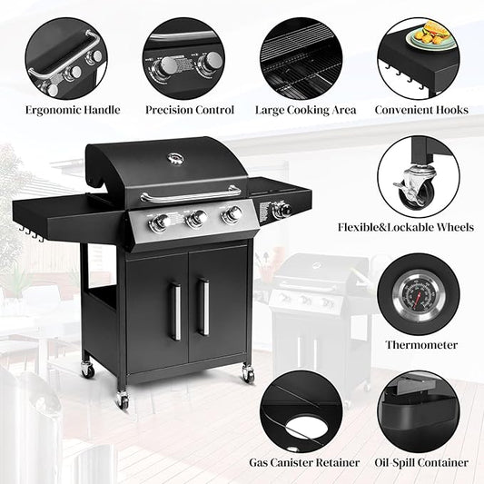 ROVSUN 3-Burner Propane Gas BBQ Grill with Side Burner & Enameled Cast Iron Grates, 46,000 BTU Barbecue Grill with Wheels for Outdoor Patio Backyard Cooking Grilling, Black