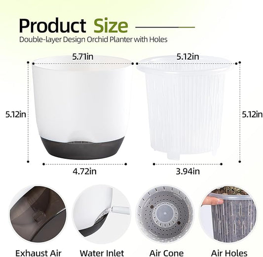 QCQHDU 2 Pack 5.7 Inch Orchid Pots with Holes for Repotting, Double-Layer and Self Watering Orchid Pot with Good Air Circulation