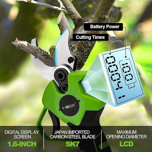 2-IN-1 Electric Pole Pruning Shears Cordless, 1.6" Cutting Diameter Cordless Pruner with 15 FT High Reach Extension Pole, 21V 4.0Ah Battery Powered Pole Pruner for Tree Trimming, LCD Display