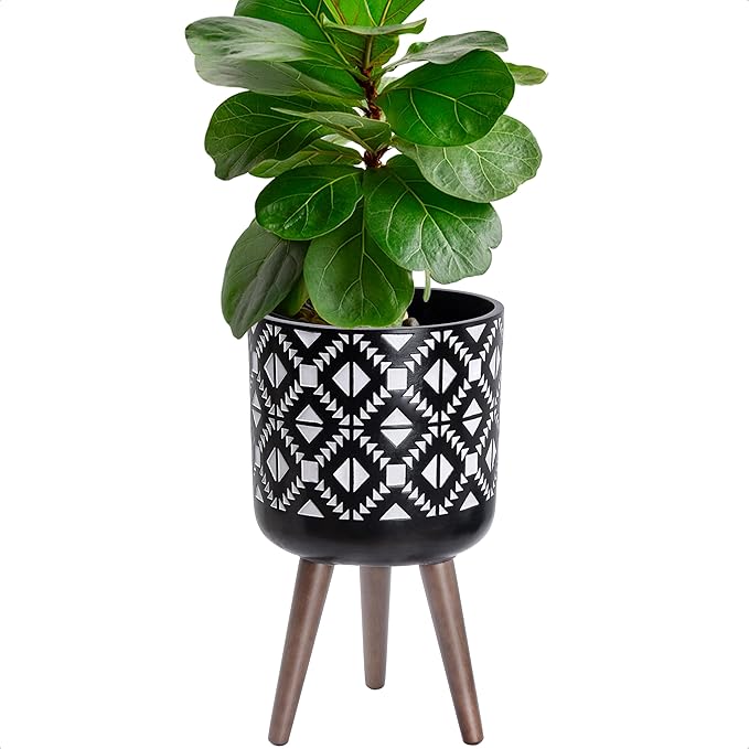 D'vine Dev 10 Inch Planter Pot with Stand, Mid-Century Tall Plant Pot with Legs for Indoor Plants, White/Black, 88-G-B-4