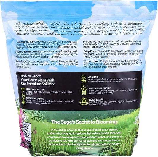 Soil Sage Premium Orchid Potting Mix - 5 qt. U.S.A. Made Orchid Soil Blend with Pine Bark, Sphagnum Moss, Charcoal, Coconut Coir, Pumice, & Mycorrhizae for Healthy Roots - Improved Drainage & Blooms