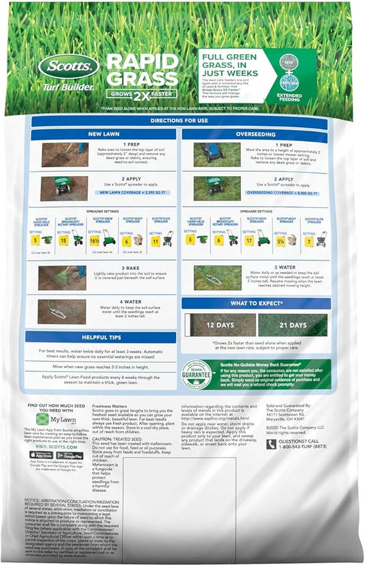 Scotts Turf Builder Rapid Grass Sun and Shade Mix, Combination Grass Seed and Fertilizer, Grows Green Grass in Just Weeks, 16 lbs.