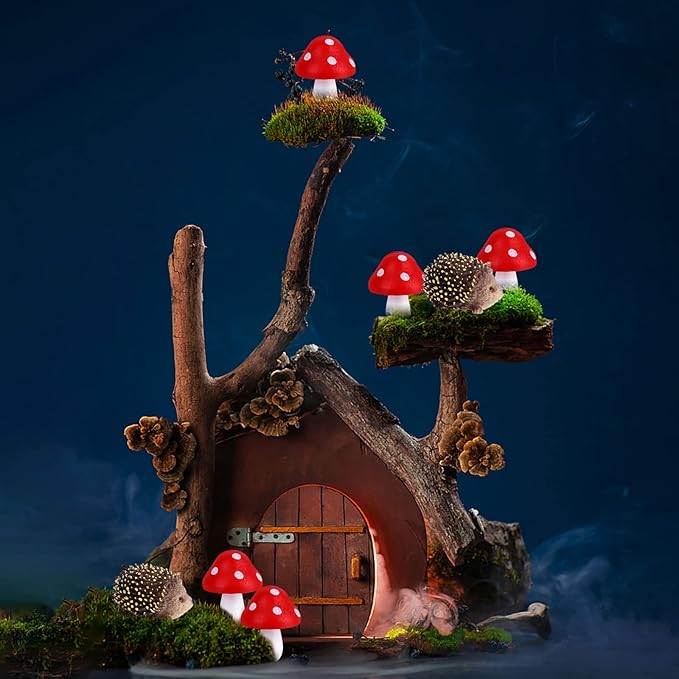 8 Pcs Fairy Wild Garden Accessories Mini Hedgehogs and Mushroom Statue Micro Landscape Plant Pots Bonsai Craft Decor Miniature Mushroom Figurines Hedgehogs Outdoor Mushroom Figurine for Garden