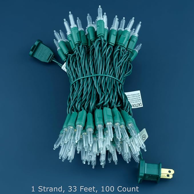 100 Warm White One-Piece LED Christmas Lights, 33 ft Green Cord High Waterproof UL Certified T5 Outdoor String Lights (Warm White)