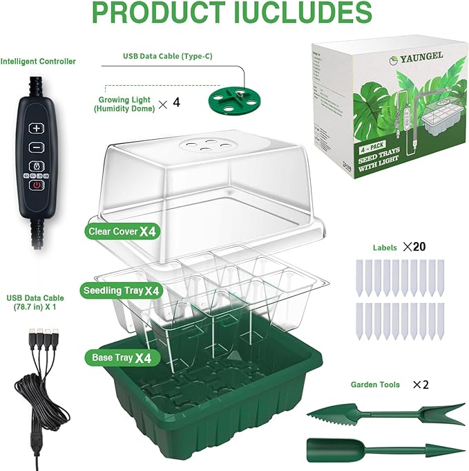 YAUNGEL Seed Starter Tray with Grow Light, 4 Pack Seed Starter Kit with Timing Controller Adjustable Brightness, Thicken Seedling Starter Trays with Humidity Domes Heightened Lids, Gift Box