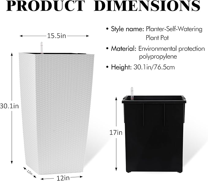 30in Tall Planter, Self Watering Pots for Indoor/Outdoor Plants with Drain Holes, Water Level Monitor, Inner Bucket for Front Porch Patio, White Large(1 Set)