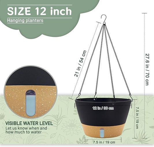 ZMTECH 12 Inch Large Hanging Planters for Outdoor Plants, Self Watering Hanging Planter with Visual Reservoir, Hanging Baskets for Plants Indoor with Drainage Hole and Plant Hanger(1 Pack, Gray)
