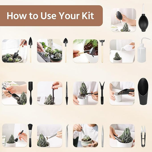 LASZOLA 45 pcs Repotting Set with Potting Mat Tiny Tools for Indoor Plants Succulents, Gardening Bag Kit with Waterproof Tray and Mini Tools, Ideal for Soil Replacement Seedling Transplanting, Black