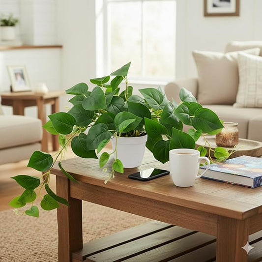 Tiita 2 Pack Fake Plants Artificial Scindapsus Aureus in Pots, Realistic Fake Greenery Potted Plants for Home Office Desk Window Sill Bathroom Bedroom Outdoor Indoor