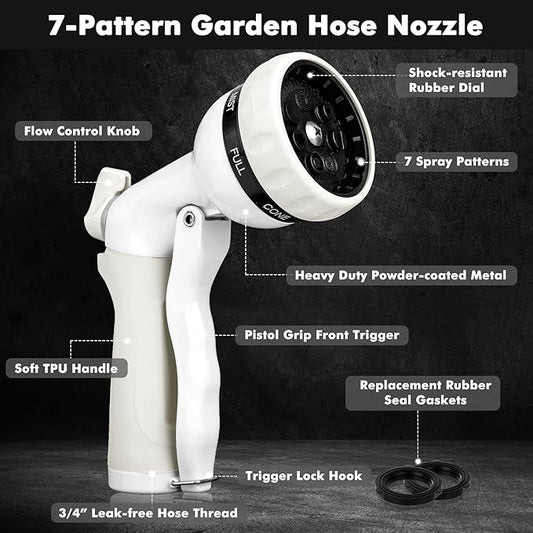 RESTMO Garden Hose Nozzle, Heavy Duty Metal Water Hose Nozzle with 7 Adjustable Spray Patterns, High Pressure Hand Sprayer with Flow Control, Best for Watering Plant & Lawn, Washing Car & Pet, White