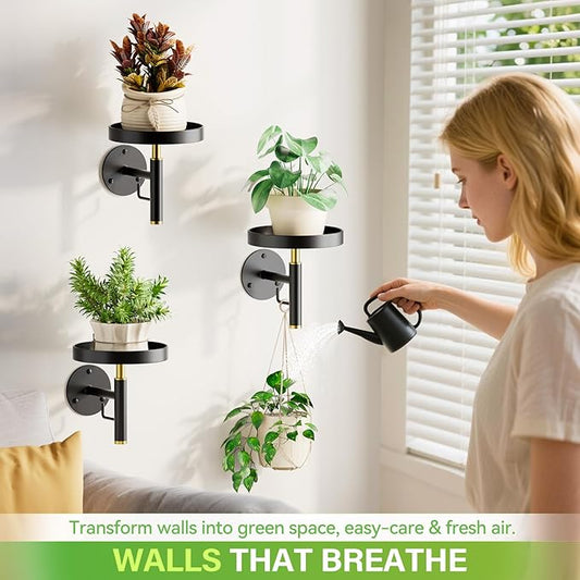 DELLAN Wall Plant Holder, 3 Pack Metal Wall Planters Stand Floating Shelves for Indoor Plants, Window Sill Plant Decor for Bedroom, Bathroom, Living Room, Home, Office, BlackGold