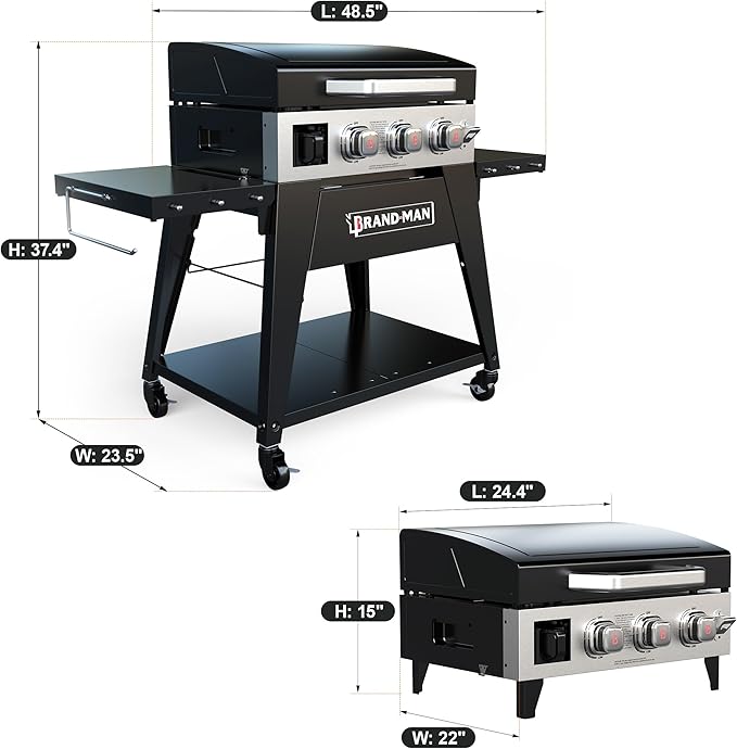 Brand-Man 3-Burner Portable Propane Gas Griddle with Lid - 28,000 BTU Flattop Griddle Grill, 504 Sq. In., Folding Side Tables, Rolling Cart for Outdoor BBQ, Camping, Patio