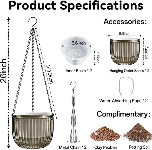 Halatool 2 Pack Self Watering Hanging Planters for Plants, 8.3 Inch Hanging Baskets, 3 Hooks Plant Hangers with Drainage Holes for Gardening (Gray)