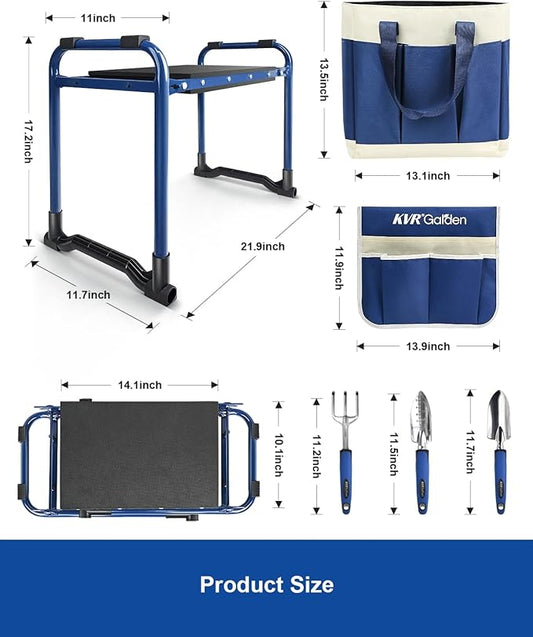 KVR Garden Kneeler and Seat Set 2025 Upgraded - Heavy Duty Foldable Bench Chair with 3 Tools & 2 Tool Pouch + Multi-Purpose Bag, Gardening Stool Gifts for Seniors, Women, Mom