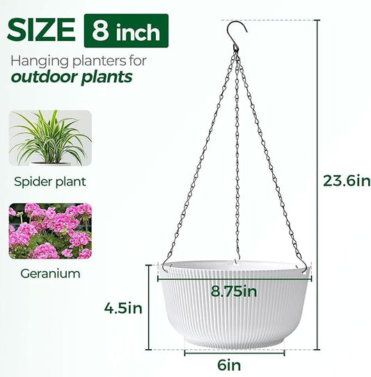 T4U Hanging Planter Self Watering 8 Inch, 2 Pack White Indoor Hanging Plant pots, Hanging Flower Pot with Drainage Hole & Plug & Chain with 3 Hooks for Garden Home Decor