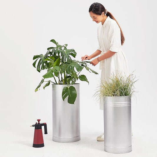 Worth Garden Galvanized Steel Planter 2-Pack - Large:28"x14.5" & Small:24"x12" - Tall Metal Plant Pots - Large Handcrafted Decoration Flower Pot for Indoor Outdoor, Deck, Patio, Front Porch - Silver