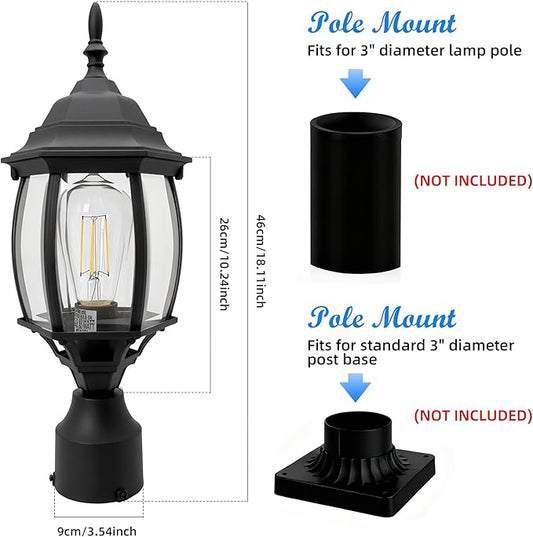 17” Black Outdoor Post Light Fixture, Pole Mount Outside Light for Garden Entrance Driveway Black Pillar Lantern 17 Inch Pier Mount Outdoor Lamp Post for Front Yard