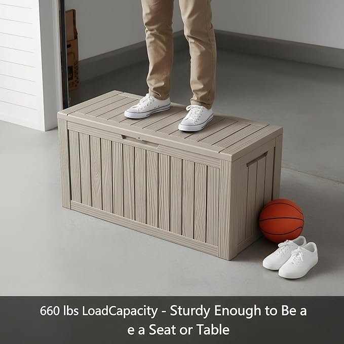 80 Gallon Resin Deck Box, Outdoor Storage Container for Patio Furniture Cushions, Garden Tools, Pool Accessories & Yard Equipment - All-Weather, Lockable, Wood Grain Design