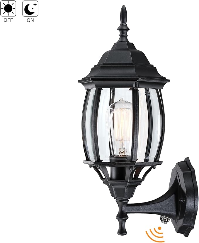 16.8 Inch Outdoor Porch Light Dusk to Dawn, Black Outside Lights for House Outdoor Exterior Wall Sconce with Dusk to Dawn Sensor, Black Wall Lantern for Porch Garage,Front Door,E26