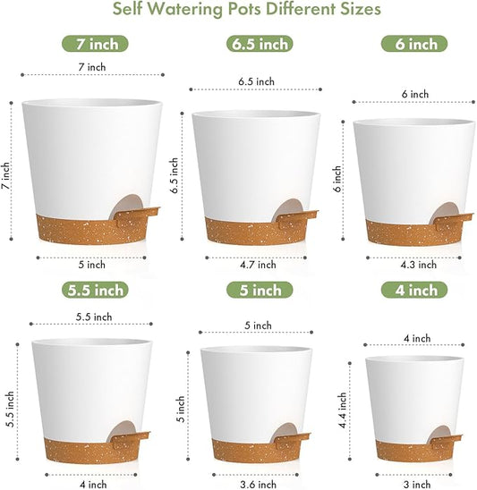 7/6.5/6/5.5/5/4 inch Self Watering Pots for Indoor Outdoor Plants, 6 Pack Plastic Flower Planters with Drainage Holes and Removable Saucers, Plant Pots with Wicking Rope, White Brown