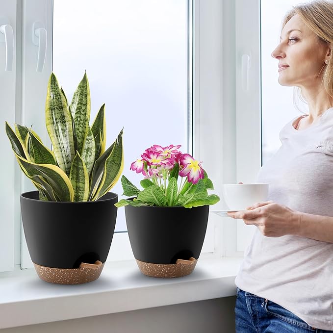 Plant Pots 12/10/9 Inch Self Watering Pots, Set of 3 Plastic Planters with Drainage Holes and Saucers,Plastic Flower Pots,Nursery Planting Pot for Indoor Out Door Plants(Black)
