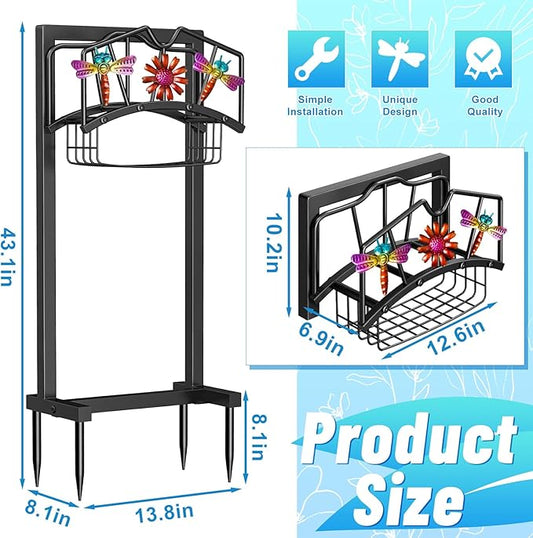 Garden Hose Holder, Freestanding Water Hose Holder with Storage Basket, Heavy Duty Metal Hose Reels Hanger Stand Organizer with 4 Spikes for Outside Yard Lawn Black