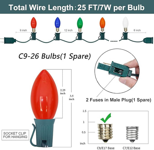 SUNSGNE 25Ft Christmas Lights Outdoor, C9 Multicolor Christmas Lights with 26 Colored Ceramic Incandescent Bulbs for Holiday, Xmas, Roofline, Wedding- Green Wire