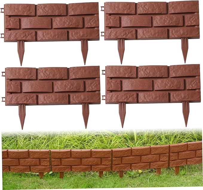 Plastic Garden Fence 4Pcs 16 x 12 x 1 Brick Design Lawn Edging Plug-in Garden Edger Border Spliced Decorative Flower Bed Edging Borders Lawn Landscape Panels