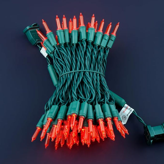 100 Red One-Piece LED Christmas Lights, 33 ft Green Cord High Waterproof UL Certified T5 Outdoor String Lights (Red)