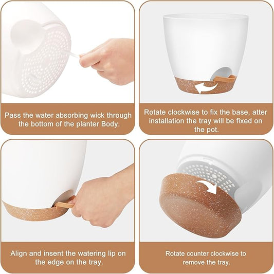 Plant Pots 8/7/6.5/6/5.5/5 Inch Self Watering Pots, Set of 6 Plastic Planters with Drainage Holes and Saucers,Plastic Flower Pots,Nursery Planting Pot for Indoor Out Door Plants(White)