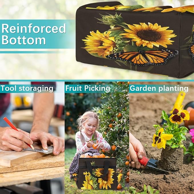 Butterfly Sunflower Funny Garden Tool Bag Waterproof Gardening Tool Storage Bag with Handle & 10 Pockets Gardening Tote Bag for Women Garden Tool Organizer