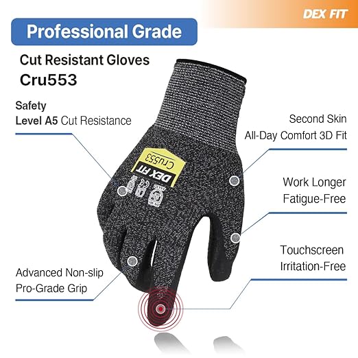 DEX FIT Level 5 Cut Resistant Gloves Cru553, 3D-Comfort Stretchy Fit, Power Grip, Professional Grade, Thin, Touch-Screen Compatible, Durable, Machine Washable; Black M (8) 1 Pair