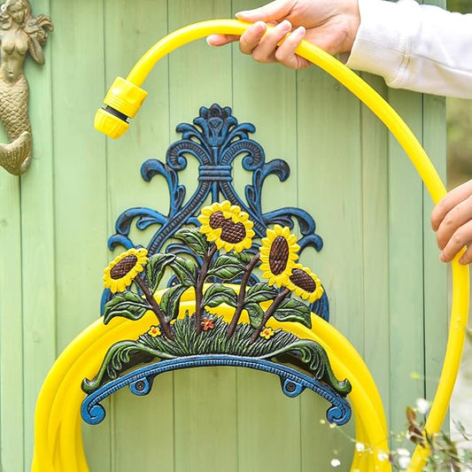 Sungmor Cast Iron Heavy Duty Garden Hose Holder - Decorative Hand-Painted Sunflower Wall Mounted Water Hose Hanger - Wall Decoration Hanging Hose Rack - Hose Reel Storage Butler - Metal Hose Stand