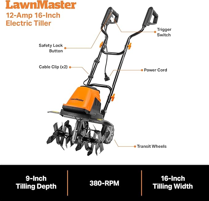 LawnMaster TE1016M Electric Tiller 12-Amp, 16-Inch