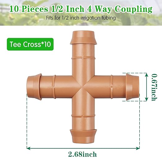 Drip Irrigation Barbed Cross Tee:10 Pack Drip Irrigation Cross Parts Fits for 1/2 Inch Drip Irrigation Tubing 17mm 0.600" ID Barbed Connectors for Patio Lawn Garden