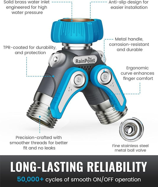 RAINPOINT Garden Hose Splitter, 2 Way Heavy Duty Water Hose Y Spigot Splitter with Shutoff Valves, 100% Metal Body Outdoor Faucet Splitter, 1.9" Extra Long Metal Handle, 3/4" GHT Thread (1, Blue)