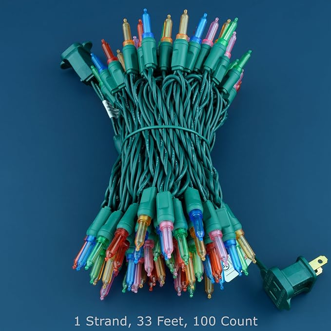 100 Multicolor One-Piece LED Christmas Lights, 33 ft Green Cord High Waterproof UL Certified T5 Outdoor String Lights (Multicolor)