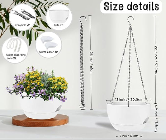 2 Pack 12 Inch Large Hanging Planters with Chains Self Watering White Plastic Hanging Pots for Indoor Outdoor Plants, Garden Porch Home Decor,White
