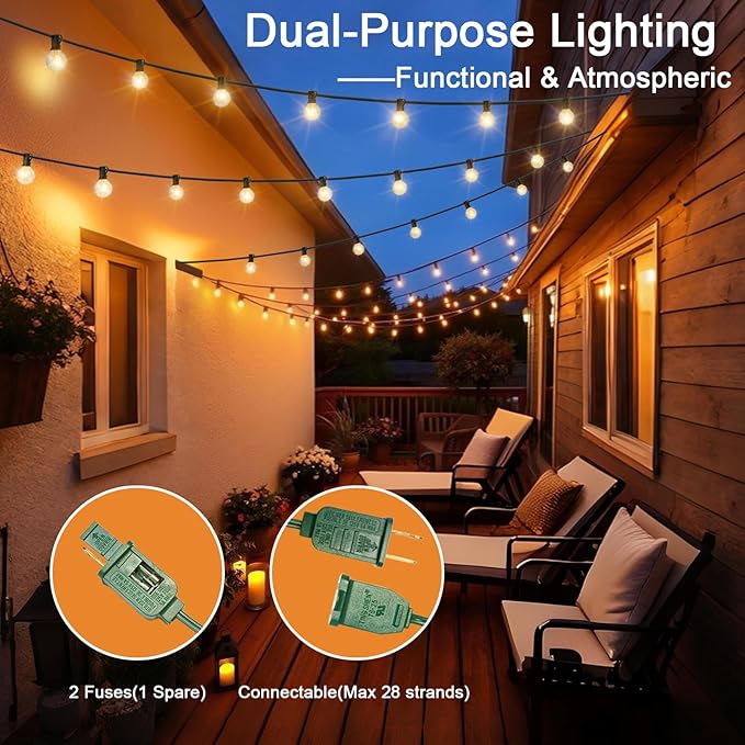 G40 LED Globe Outdoor String Lights 25FT, Waterproof & Shatterproof with 25 Clear Plastic Bulbs (2 Spare), Black Wire,for Cafe Bistro Porch Garden Balcony Party Decor