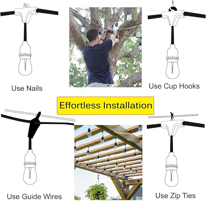 Outdoor String Lights for Outside 48FT with 15+1 2700K LED S14 Shatterproof Bulbs for Patio Back Yard Porch, Linkable