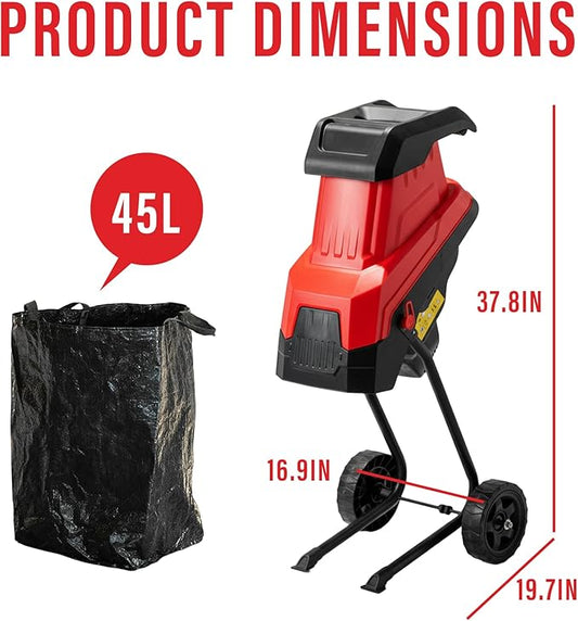 MZK Electric Wood Chipper, 15 Amp Wood Chipper Shredder, with 45L Collection Bag and Push Stick, 1.8 Inch Cutting Diameter for Garden Branches