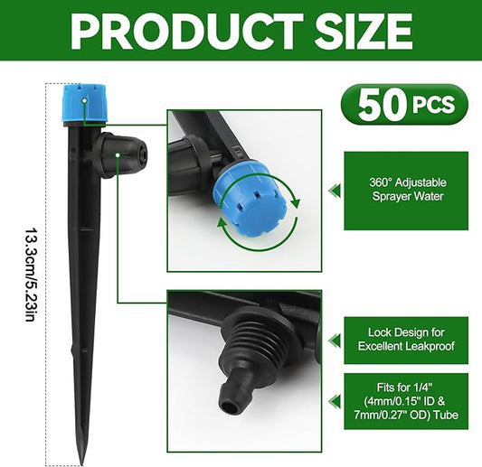 50PCS 1/4” Drip Irrigation Drippers with Lock, Kalolary Drip Irrigation Emitters for 4/7mm Tube, Adjustable 360 Degree 8 Holes Water Flow Sprayer Micro Spray Drip System Parts for Lawn Yard (Blue)