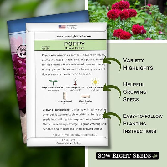 Sow Right Seeds - Mixed Peony Poppy Seeds for Planting - Non-GMO Heirloom Annual Poppies for Flower Garden - Vibrant Peony Blooms - Easy to Grow Flower Variety for Gardens, Borders (1)