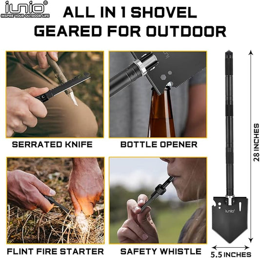iunio Camping Shovel,Shovel Folding, Portable, Multitool, Foldable Entrenching Tool, Collapsible Spade, for Backpacking, Trenching, Hiking, Survival, Car Emergency