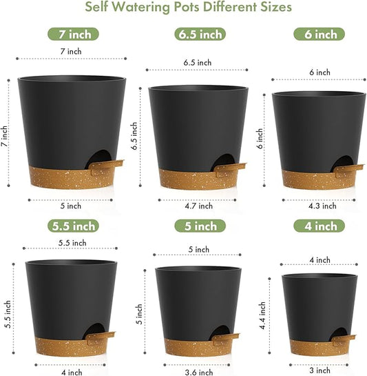 7/6.5/6/5.5/5/4 inch Self Watering Pots for Indoor Outdoor Plants, 6 Pack Plastic Flower Planters with Drainage Holes and Removable Saucers, Plant Pots with Wicking Rope, Black Brown